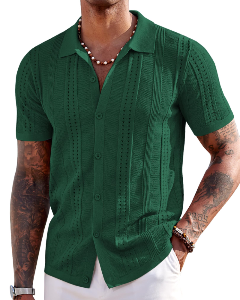 Nathan Men's Knit Polo Shirt – Button Down Textured Shirt for Resort and Summer Wear