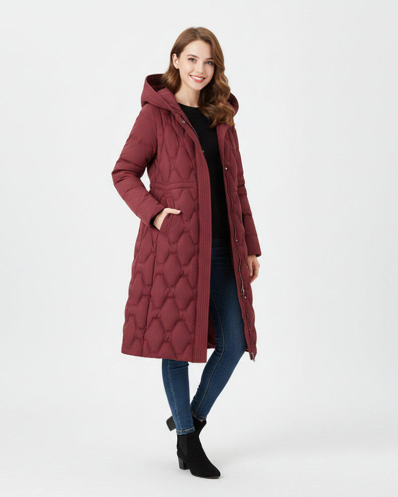 Nicole Women's Long Quilted Coat – Hooded Insulated Winter Jacket