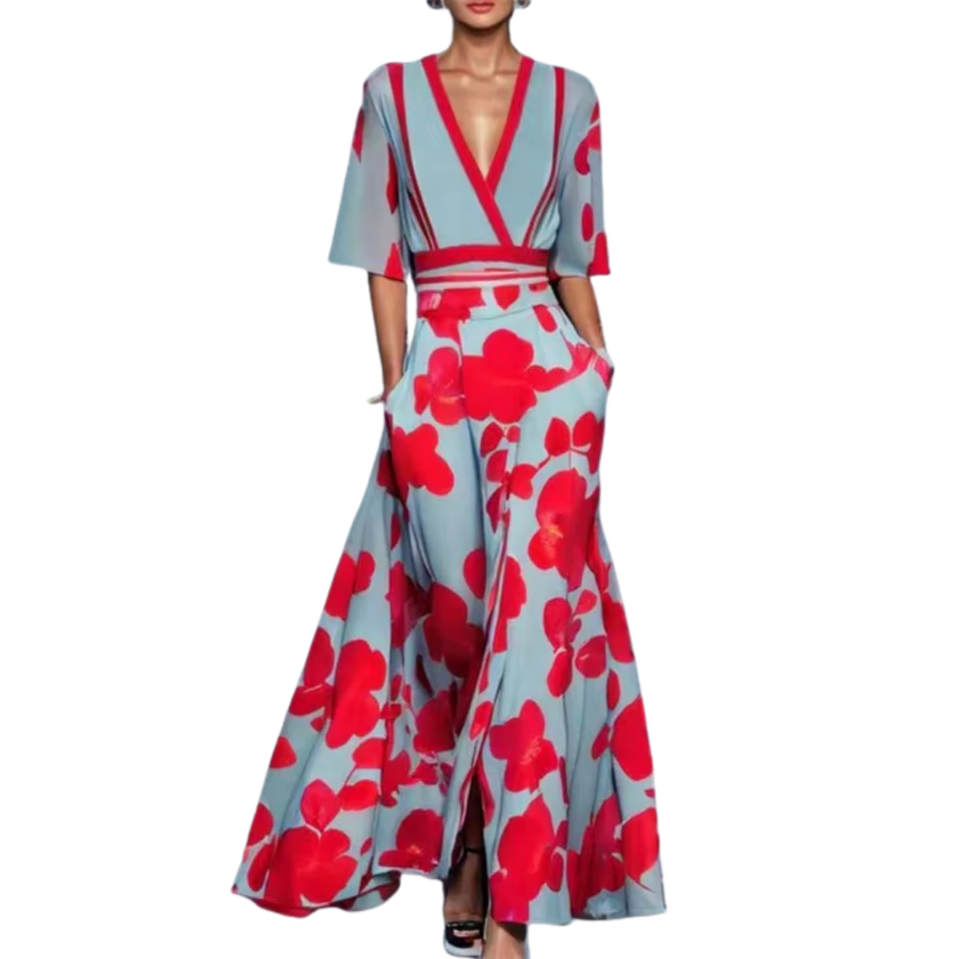 Noelle Women's Floral Midi Dress – V-Neck Belted Spring Dress with 3/4 Sleeves