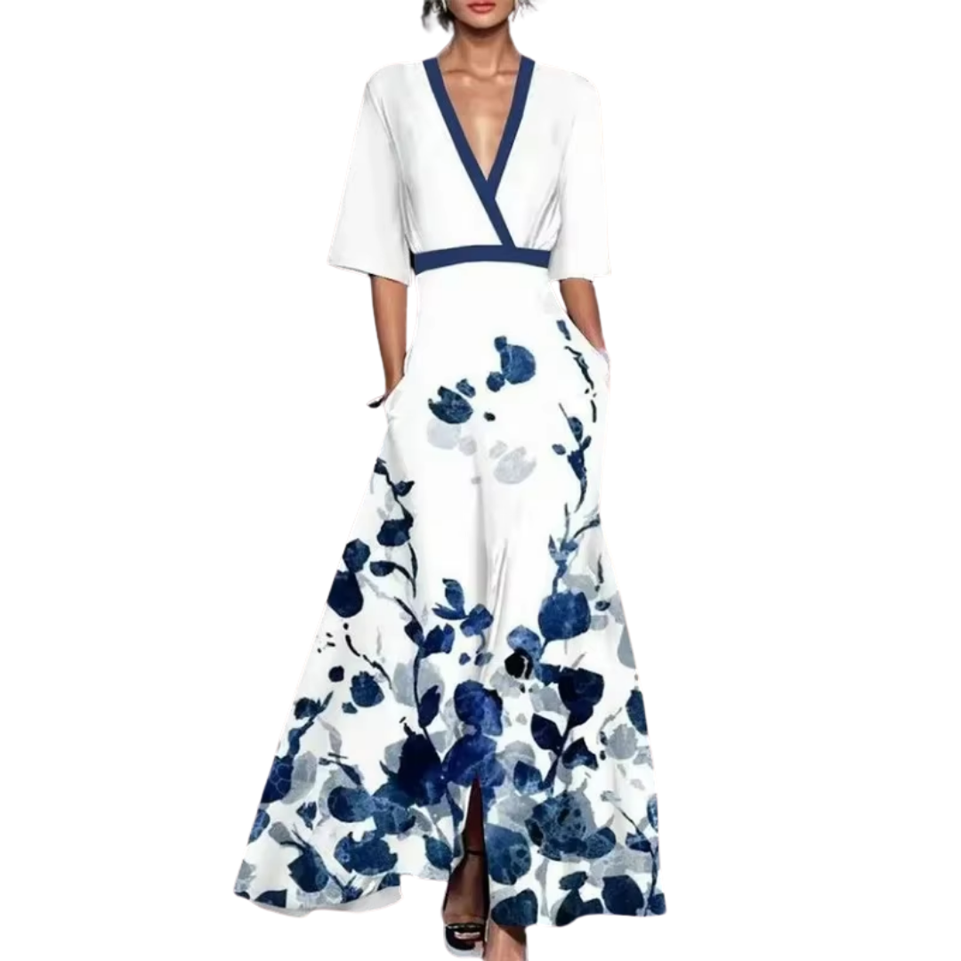 Noelle Women's Floral Midi Dress – V-Neck Belted Spring Dress with 3/4 Sleeves