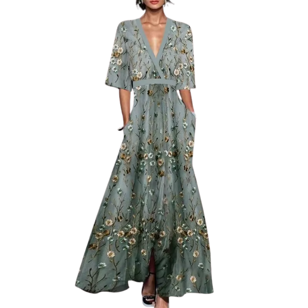 Noelle Women's Floral Midi Dress – V-Neck Belted Spring Dress with 3/4 Sleeves