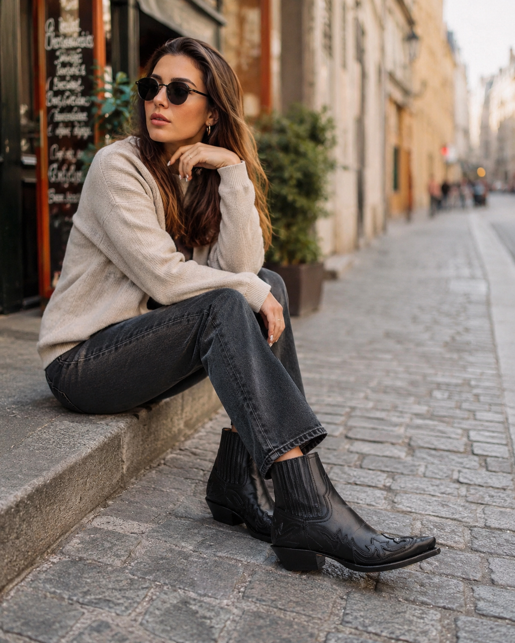 Nyomi Women's Western Leather Boots – Cowboy Style Boots with Rubber Sole