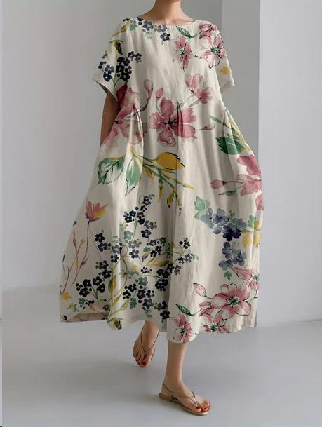 Sareno Women's Floral Midi Dress – Lightweight Round Neck Summer Day Dress