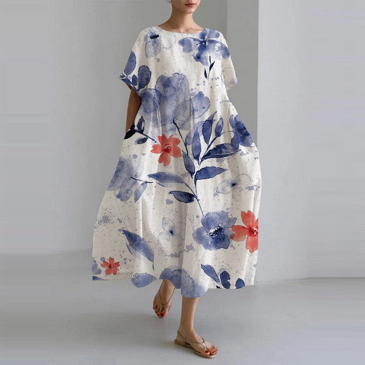 Sareno Women's Floral Midi Dress – Lightweight Round Neck Summer Day Dress