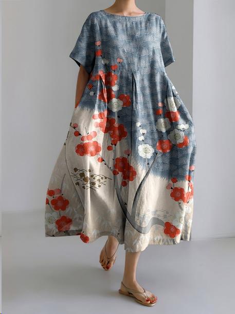 Sareno Women's Floral Midi Dress – Lightweight Round Neck Summer Day Dress