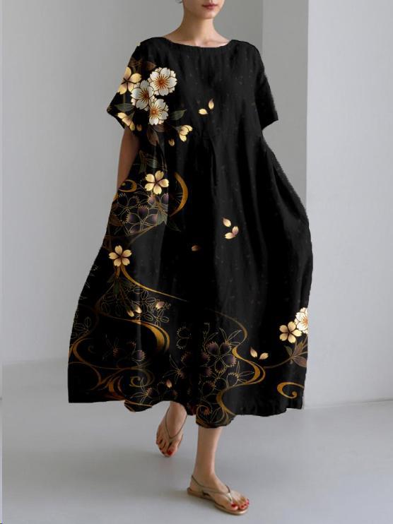 Sareno Women's Floral Midi Dress – Lightweight Round Neck Summer Day Dress