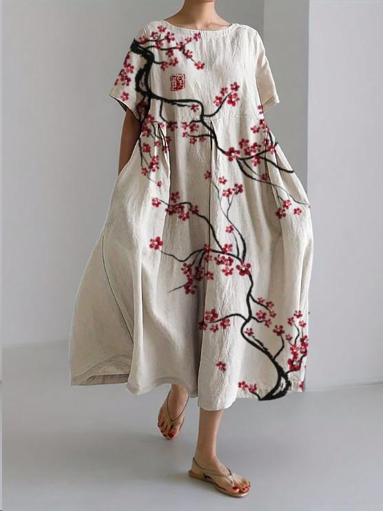 Sareno Women's Floral Midi Dress – Lightweight Round Neck Summer Day Dress