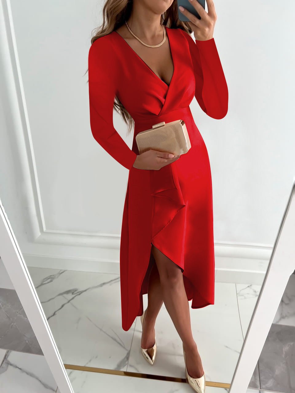Tessa Women's V-Neck Dress – Long Sleeve Slim Fit Elegant Occasion Dress