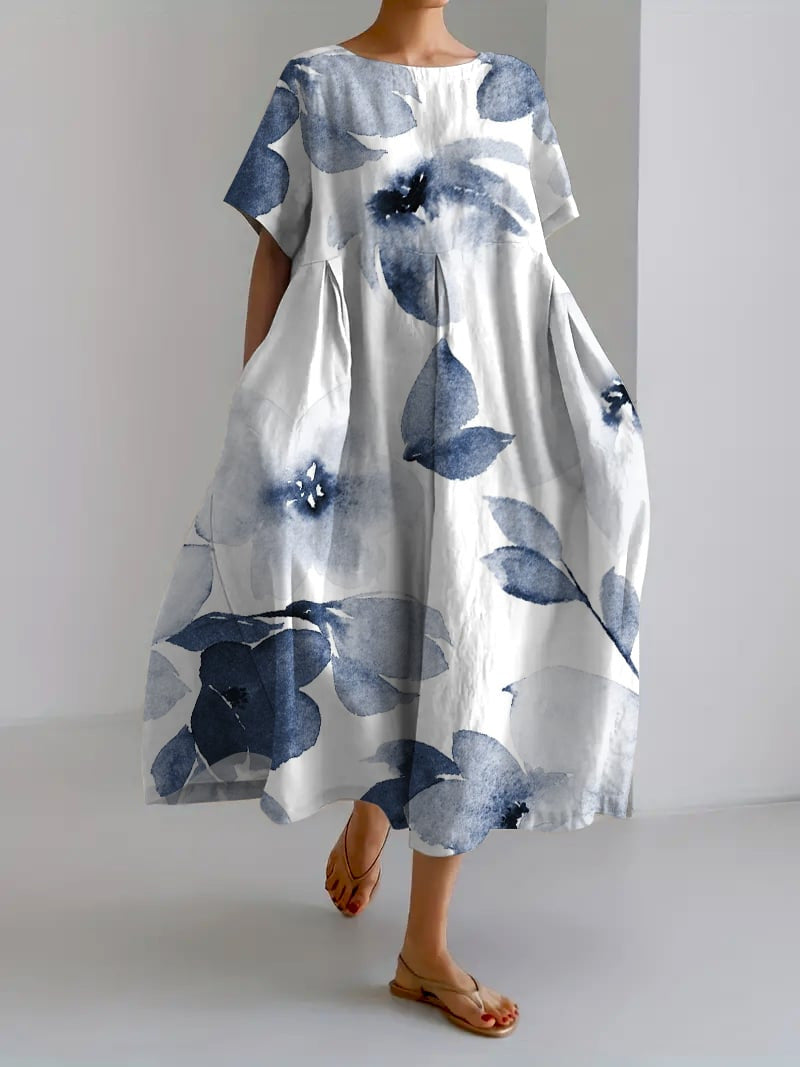 Sareno Women's Floral Midi Dress – Lightweight Round Neck Summer Day Dress