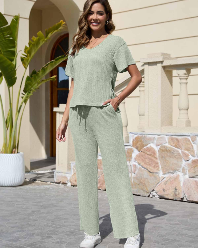 Amelia Women’s Ribbed Set – V-Neck Top & Wide Leg Pants Loungewear Outfit