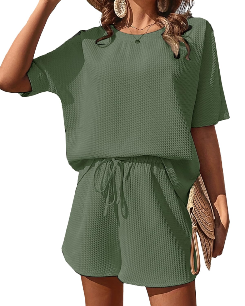 Sienna Women’s Waffle Lounge Set – Short Sleeve Top & Shorts Casual Two-Piece Outfit