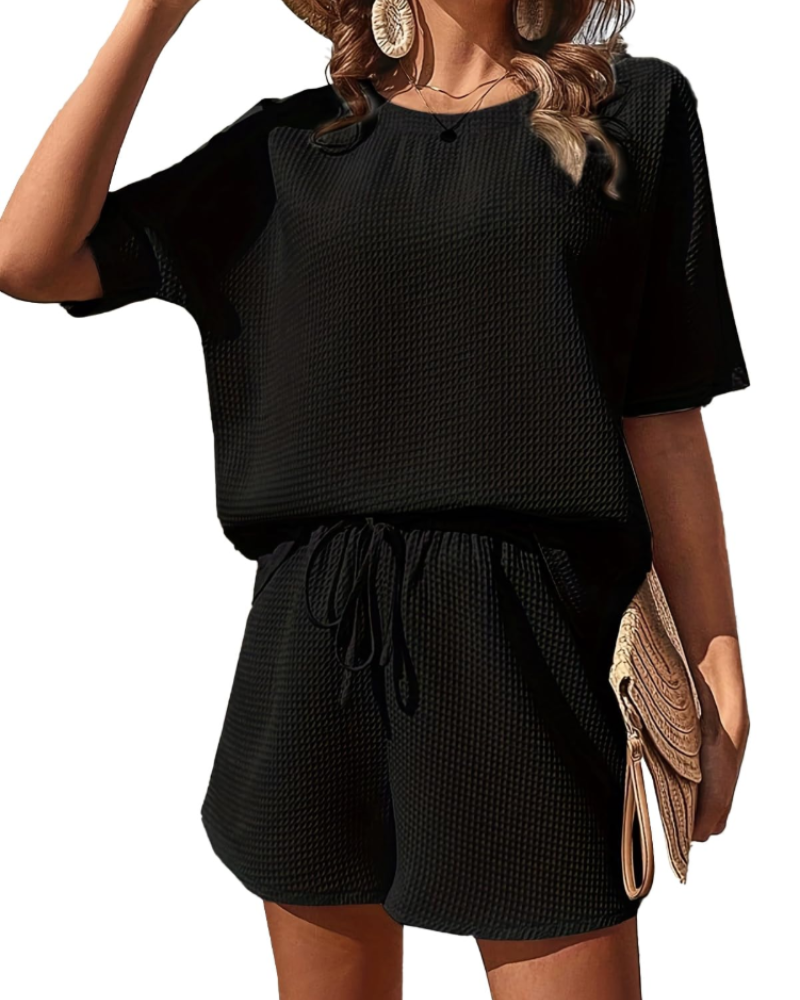 Sienna Women’s Waffle Lounge Set – Short Sleeve Top & Shorts Casual Two-Piece Outfit