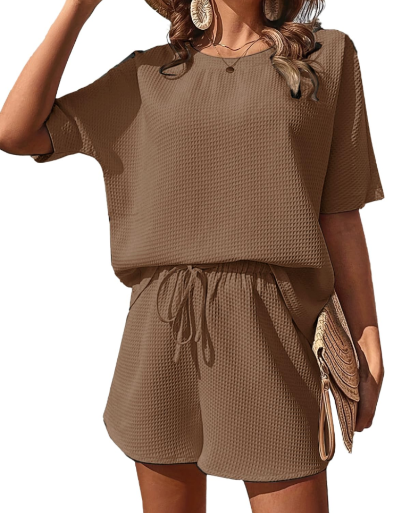 Sienna Women’s Waffle Lounge Set – Short Sleeve Top & Shorts Casual Two-Piece Outfit