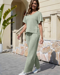 Amelia Women’s Ribbed Set – V-Neck Top & Wide Leg Pants Loungewear Outfit