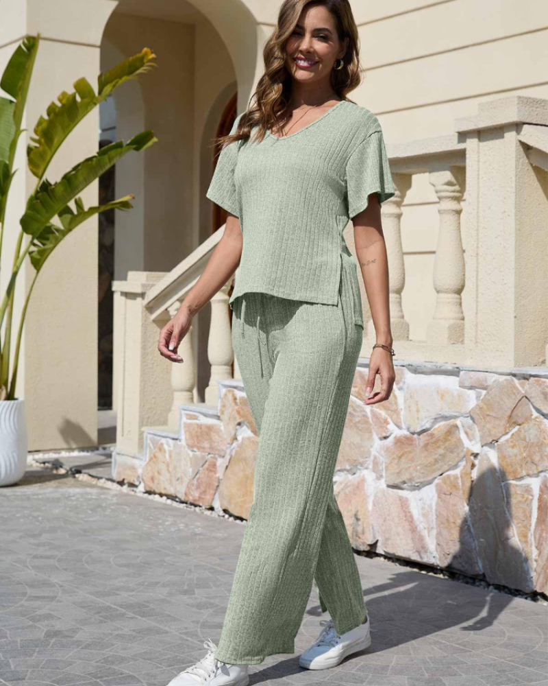 Amelia Women’s Ribbed Set – V-Neck Top & Wide Leg Pants Loungewear Outfit
