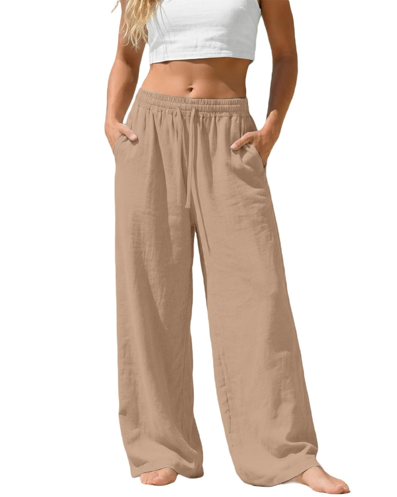 Bella Women’s Linen Palazzo Pants – Wide Leg Drawstring Trousers with Pockets