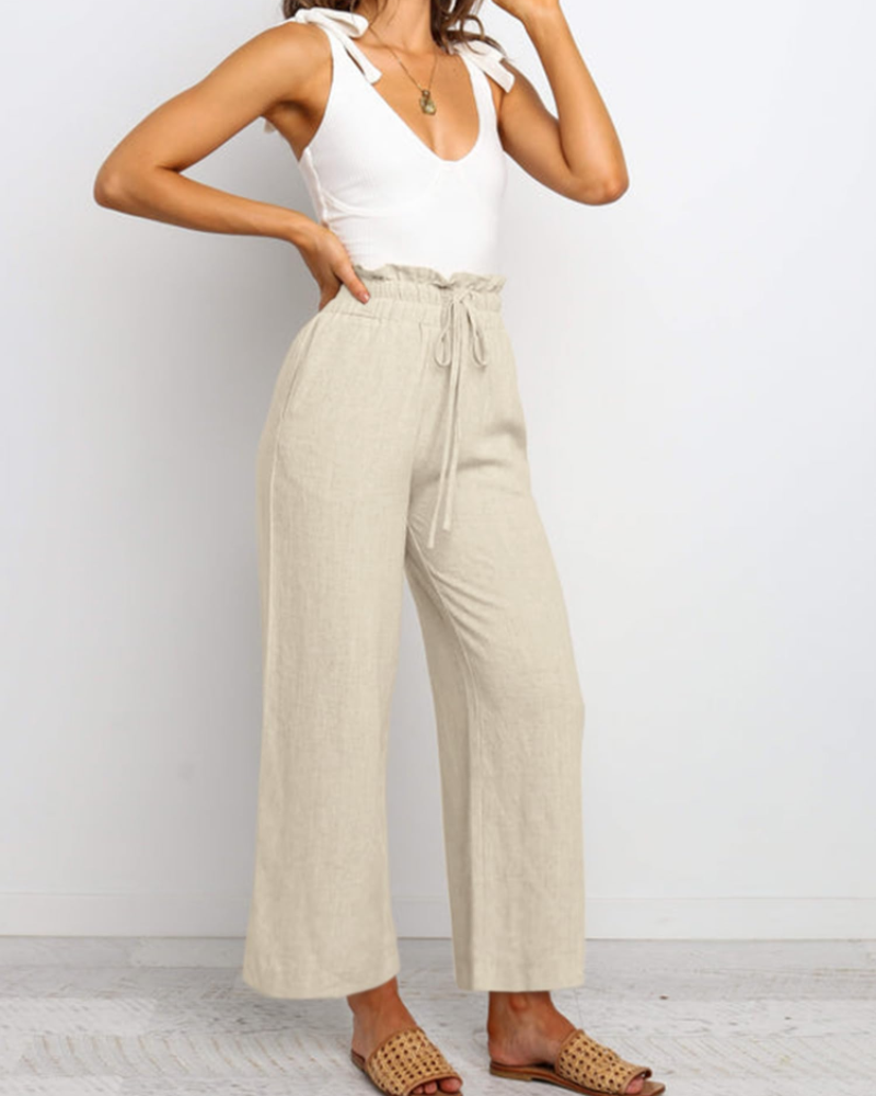 Luna Women’s Linen Pants – High Waist Wide Leg Drawstring Trousers with Pockets