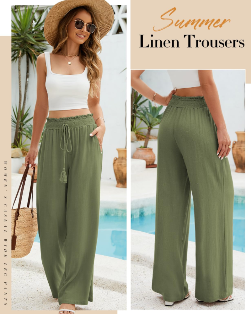 Bianca Women’s Linen Wide Leg Pants – Elastic Waist Summer Trousers with Pockets