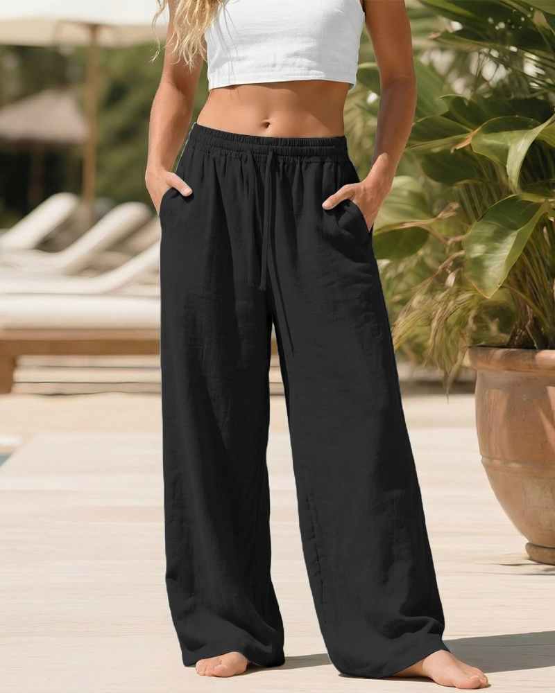 Bella Women’s Linen Palazzo Pants – Wide Leg Drawstring Trousers with Pockets