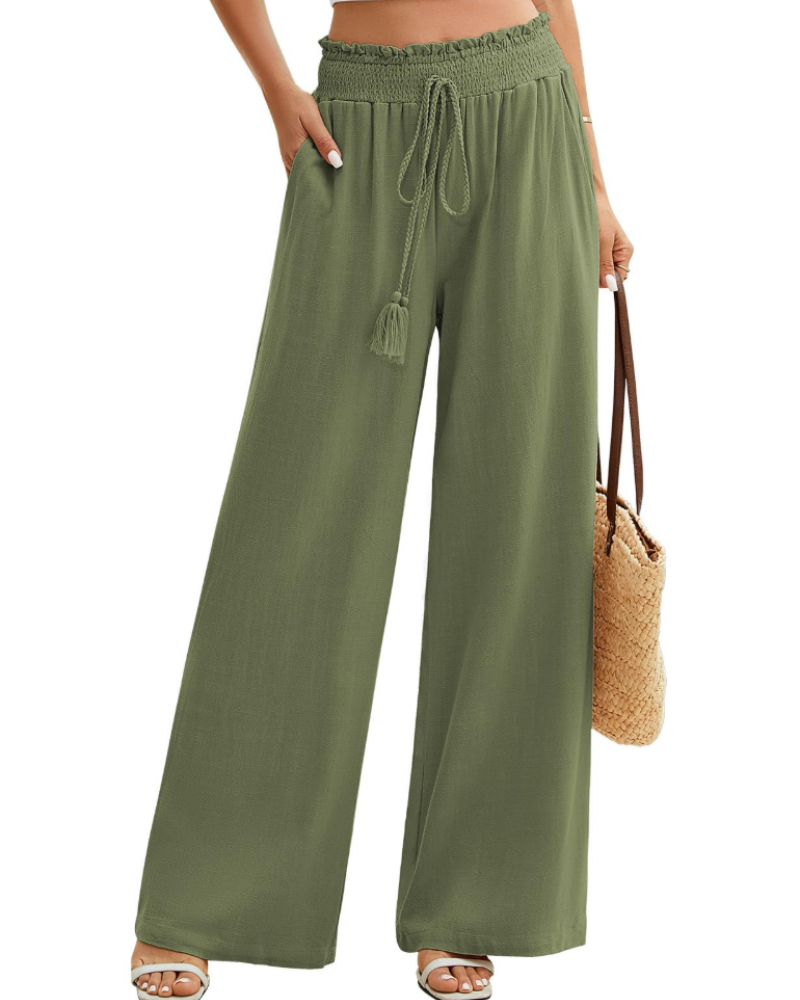 Bianca Women’s Linen Wide Leg Pants – Elastic Waist Summer Trousers with Pockets