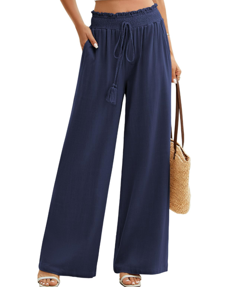 Bianca Women’s Linen Wide Leg Pants – Elastic Waist Summer Trousers with Pockets