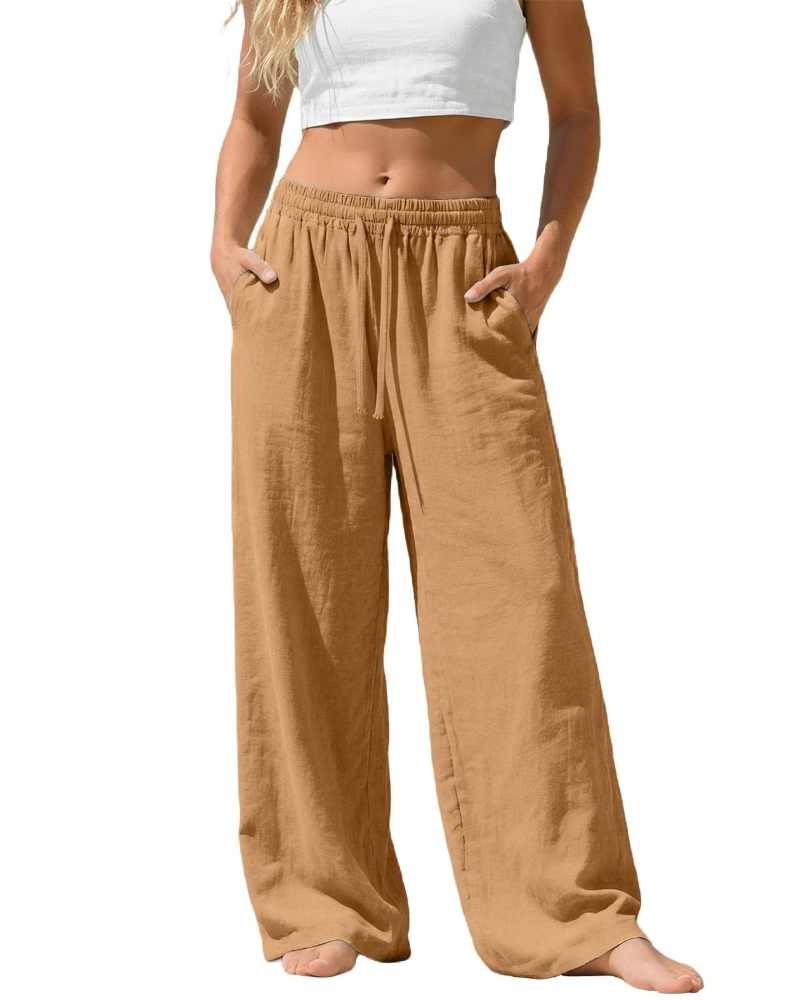 Bella Women’s Linen Palazzo Pants – Wide Leg Drawstring Trousers with Pockets