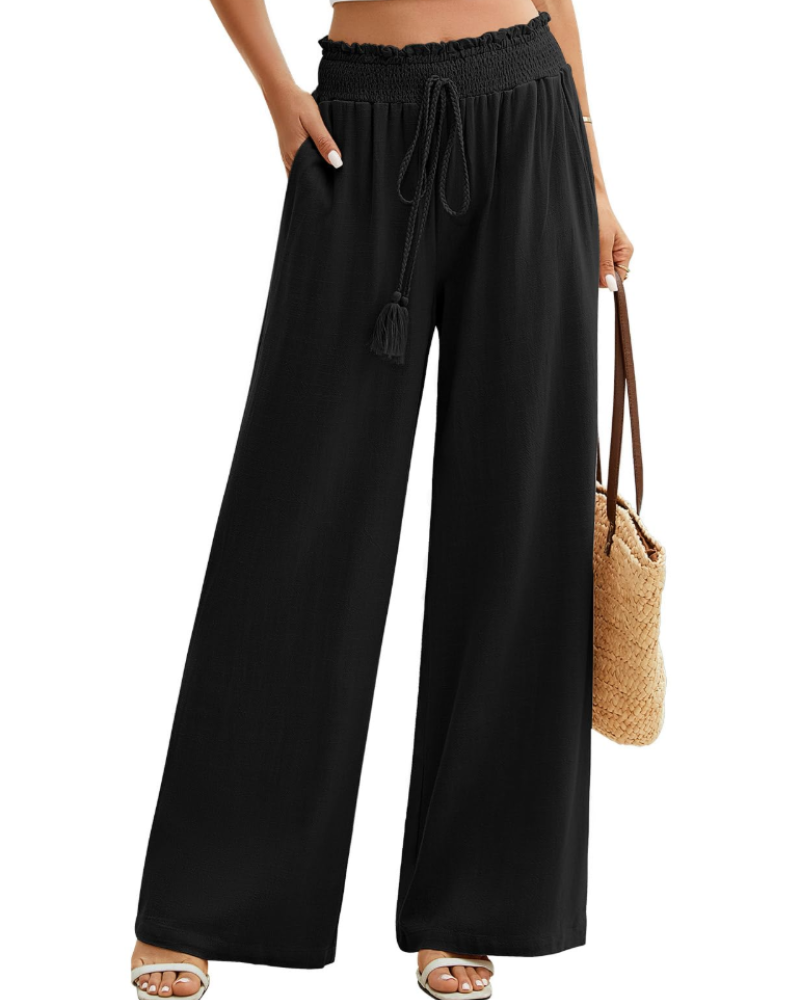 Bianca Women’s Linen Wide Leg Pants – Elastic Waist Summer Trousers with Pockets