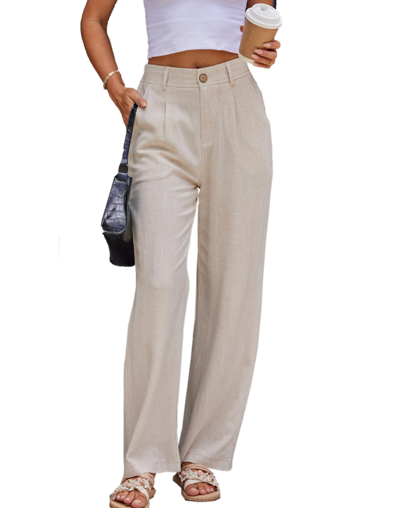 Victoria Women’s Linen Trousers – High Waist Pleated Pants with Side Pockets