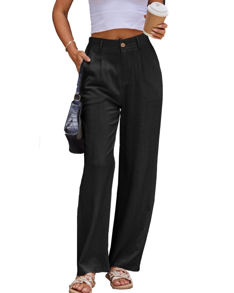 Victoria Women’s Linen Trousers – High Waist Pleated Pants with Side Pockets