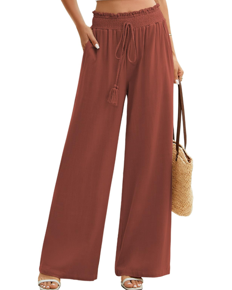 Bianca Women’s Linen Wide Leg Pants – Elastic Waist Summer Trousers with Pockets