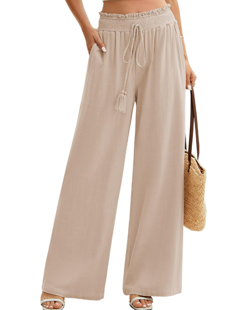 Bianca Women’s Linen Wide Leg Pants – Elastic Waist Summer Trousers with Pockets