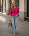 Layla Women's Chiffon Blouse – Round Neck Long Sleeve Top with Pleated Front