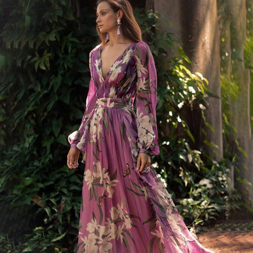 Natalia Women's Purple Maxi Dress – Lightweight Printed Summer Dress
