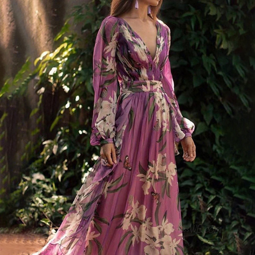 Natalia Women's Purple Maxi Dress – Lightweight Printed Summer Dress