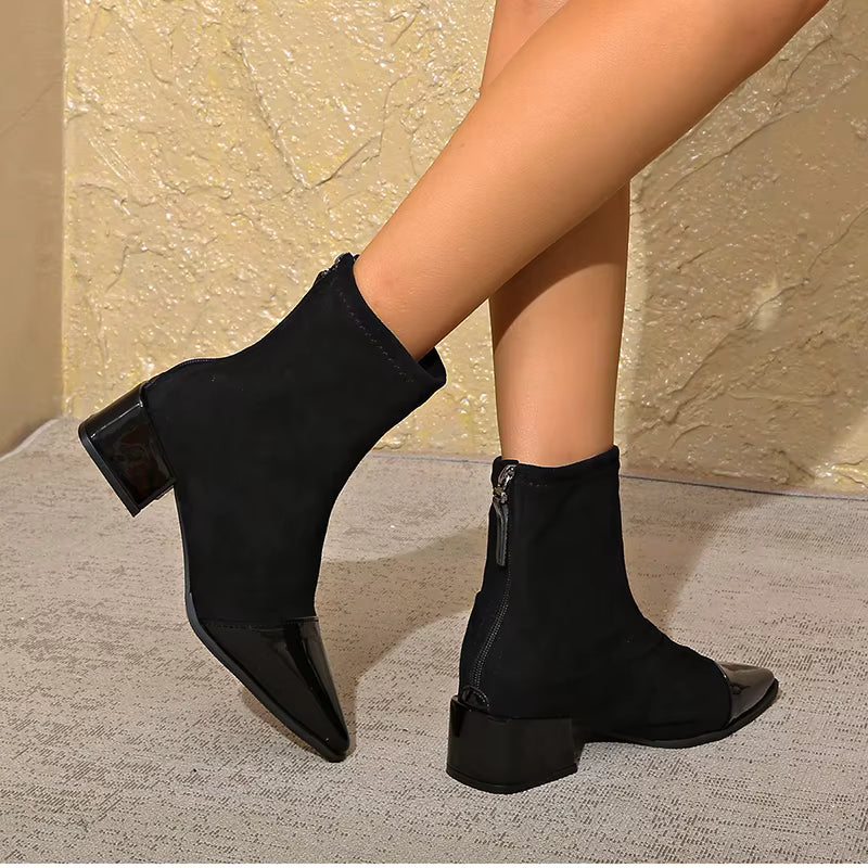 Gracia Women's Suede Ankle Boots – Patent Detail Block Heel Non-Slip Boots