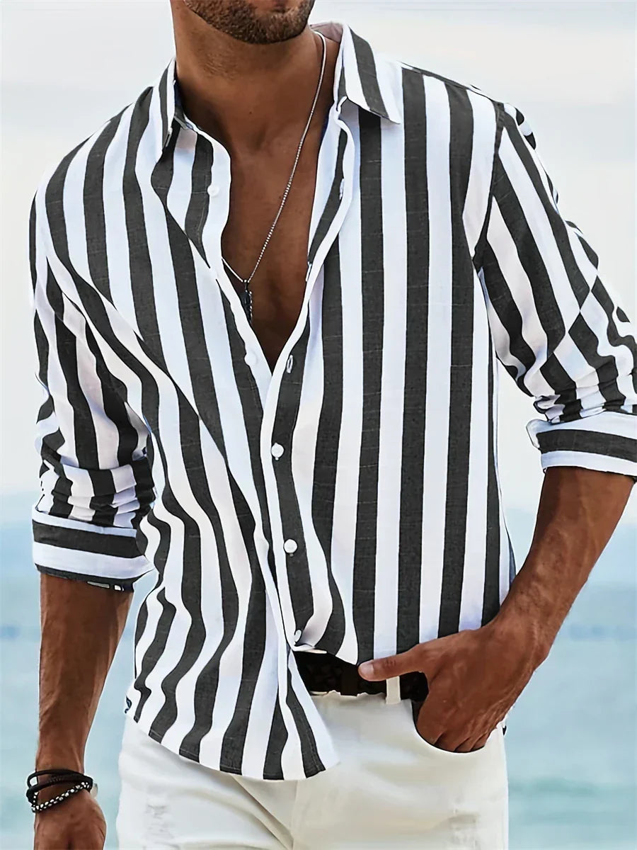 James Men’s Linen Shirt – Blue White Striped Cotton Blend Summer Casual Shirt