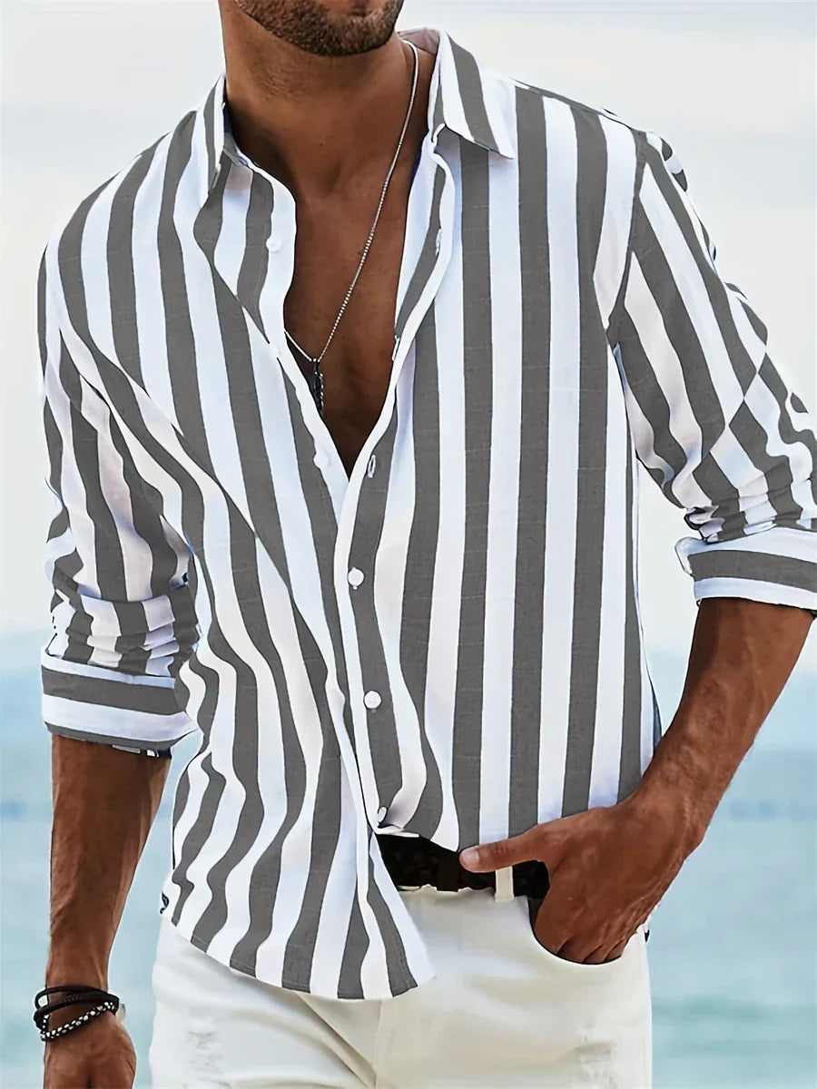 James Men’s Linen Shirt – Blue White Striped Cotton Blend Summer Casual Shirt