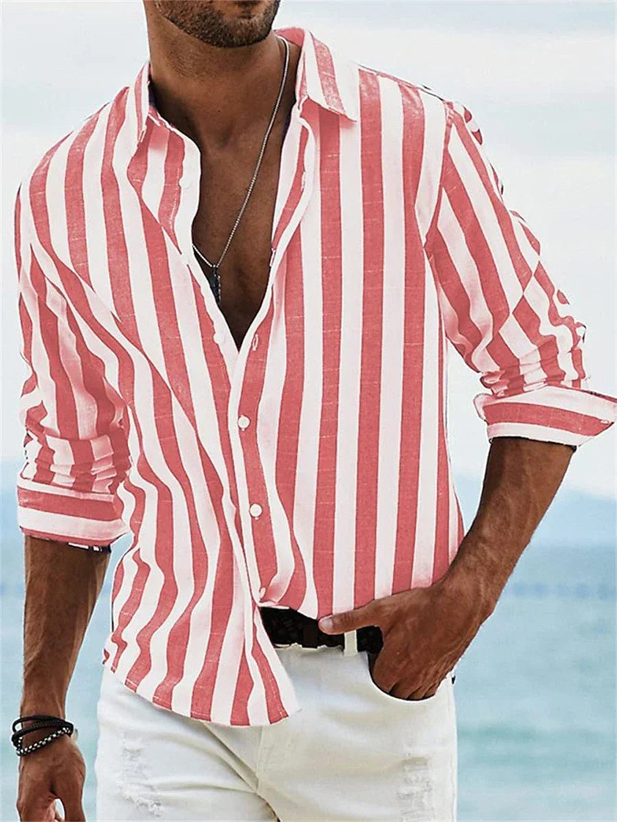 James Men’s Linen Shirt – Blue White Striped Cotton Blend Summer Casual Shirt