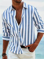 James Men’s Linen Shirt – Blue White Striped Cotton Blend Summer Casual Shirt
