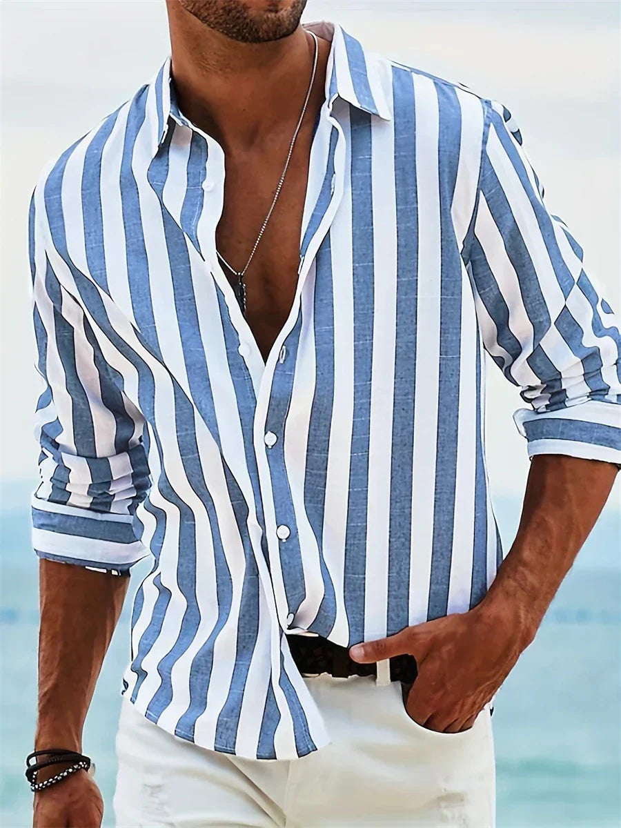James Men’s Linen Shirt – Blue White Striped Cotton Blend Summer Casual Shirt
