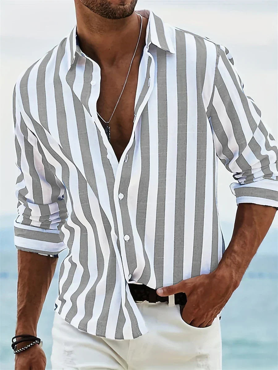 James Men’s Linen Shirt – Blue White Striped Cotton Blend Summer Casual Shirt