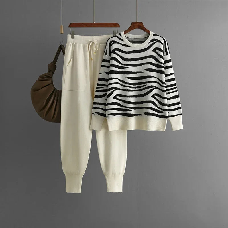 Delaney Women's Cashmere Set – Zebra Print Fitted Casual Lounge Outfit