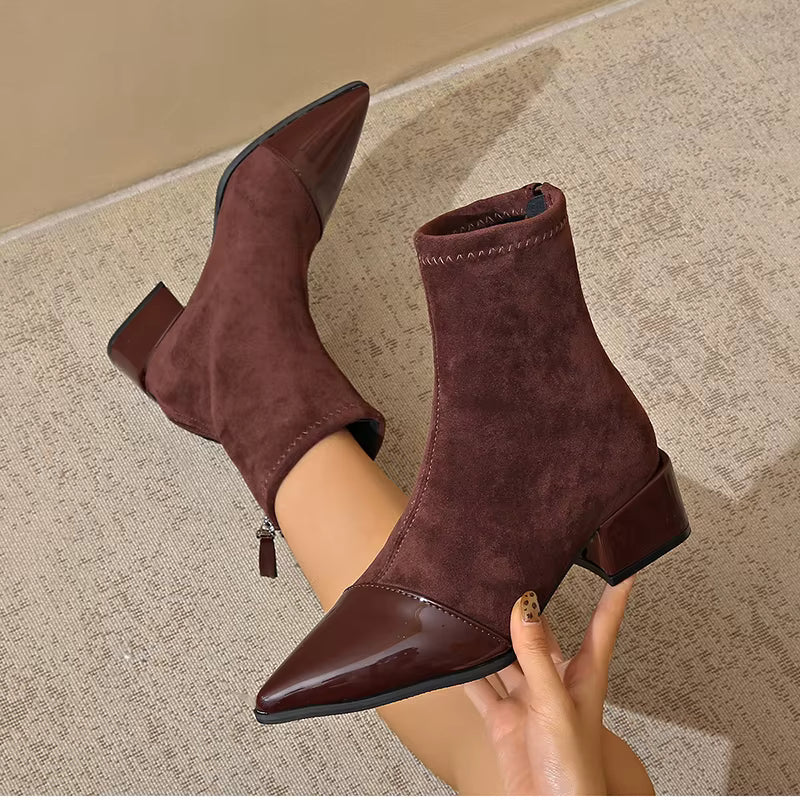 Gracia Women's Suede Ankle Boots – Patent Detail Block Heel Non-Slip Boots