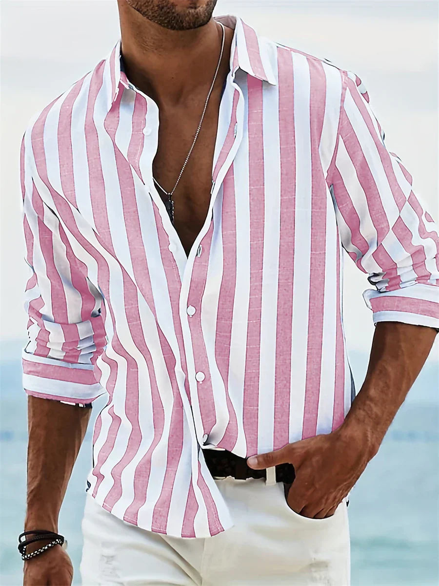 James Men’s Linen Shirt – Blue White Striped Cotton Blend Summer Casual Shirt