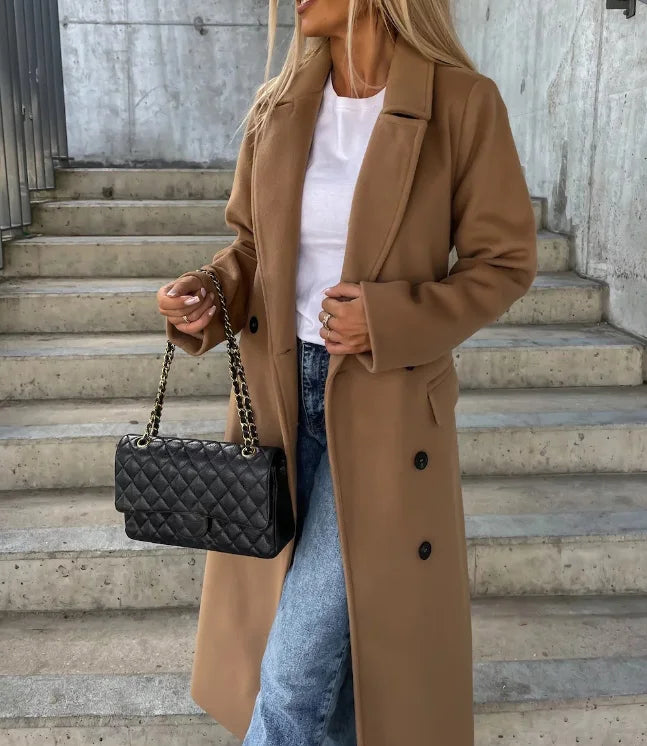 Grace Women's Wool Coat – Double-Breasted Structured Long Winter Overcoat