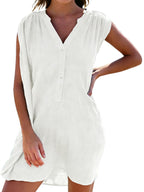 Mila Women's Beach Shirt Dress – Sleeveless V-Neck Linen-Look Cover-Up