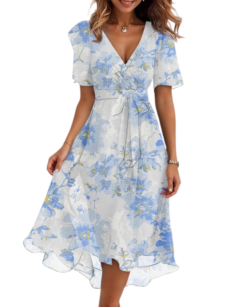 Florence Women's Floral Midi Dress – Wrap V-Neck Belted Puff Sleeve Elegant Dress