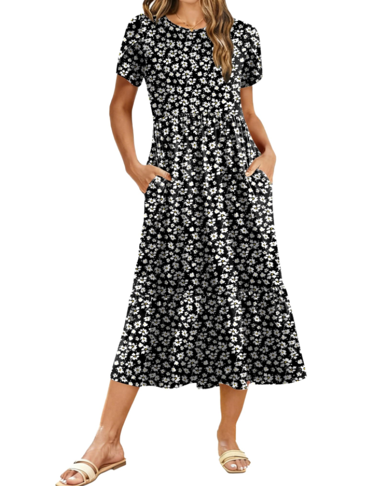 Harper Women's Floral Midi Dress – A-Line Petal Sleeve Dress with Tiered Hem & Pockets