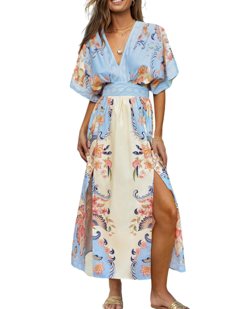Vivian Women's Boho Maxi Dress – Deep V-Neck Kimono Sleeve Floral Dress with Slit