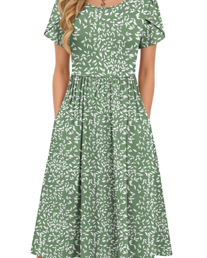 Sofia Women's Midi Summer Dress – A-Line Elastic Waist Dress with Petal Sleeves & Pockets